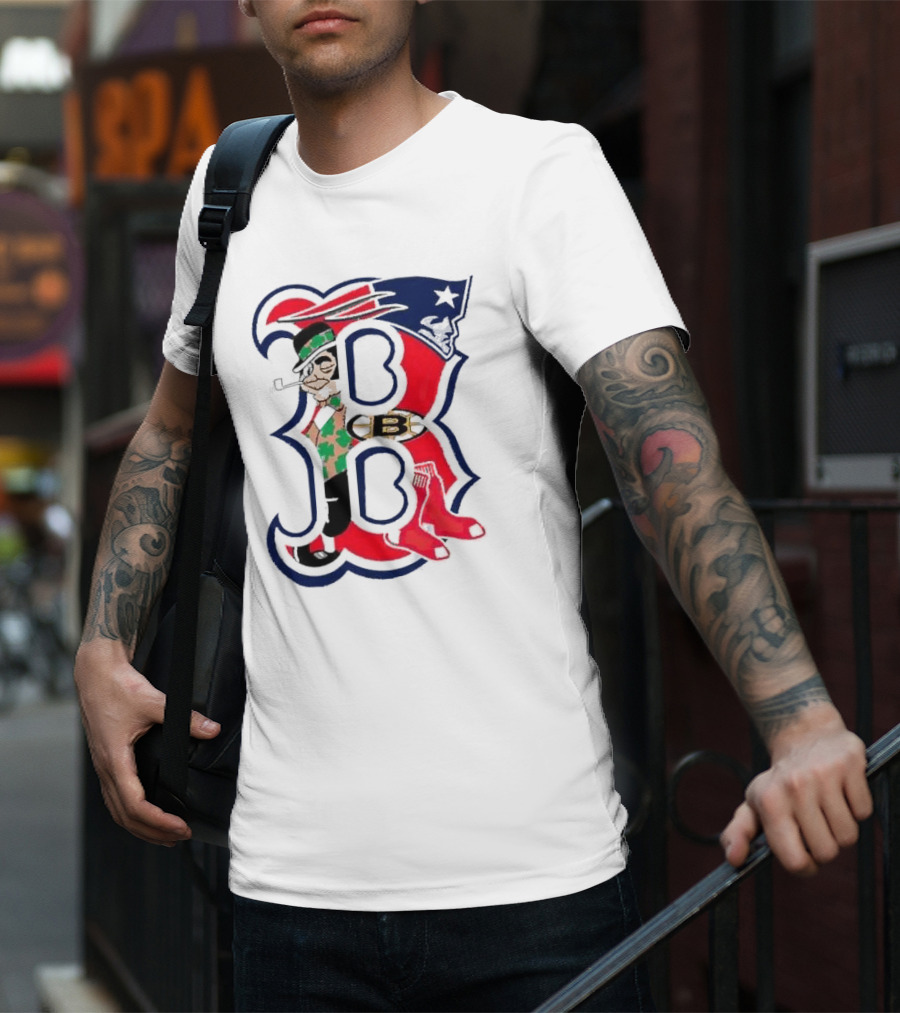 Boston Red Sox B Mashup With Patriots Bruins Celtics Symbols T-Shirt