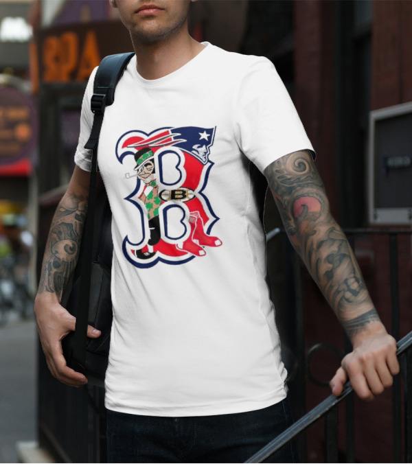Boston Red Sox B Mashup With Patriots Bruins Celtics Symbols T-Shirt