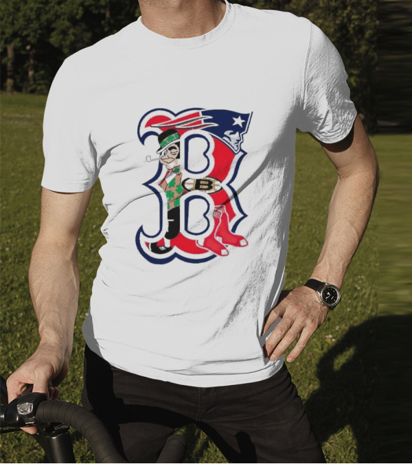 Boston Red Sox B Mashup With Patriots Bruins Celtics Symbols T-Shirt