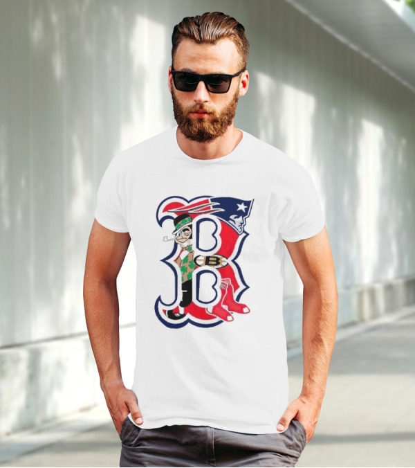 Boston Red Sox B Mashup With Patriots Bruins Celtics Symbols T-Shirt