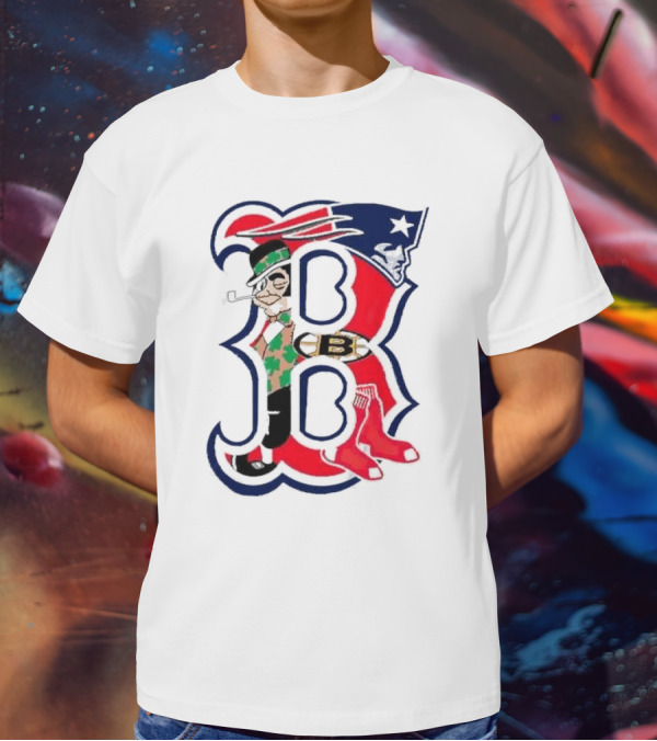 Boston Red Sox B Mashup With Patriots Bruins Celtics Symbols T-Shirt