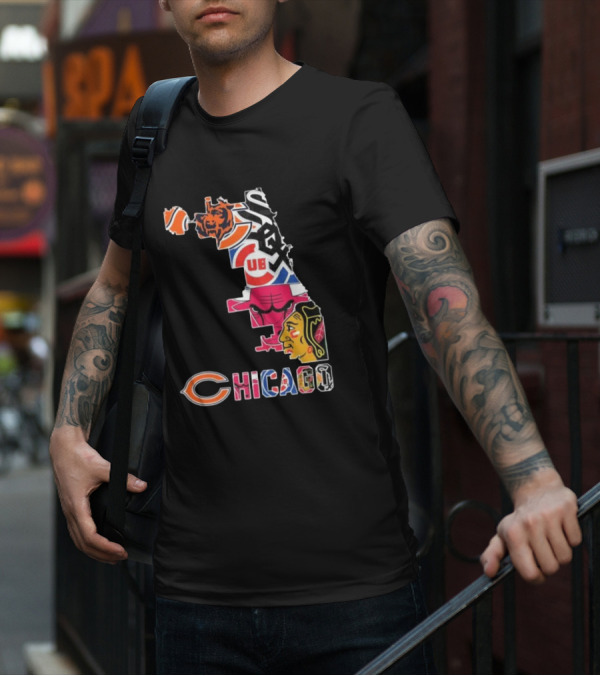 Chicago Cubs White Sox Bulls Bears Blackhawks Maps T-Shirt