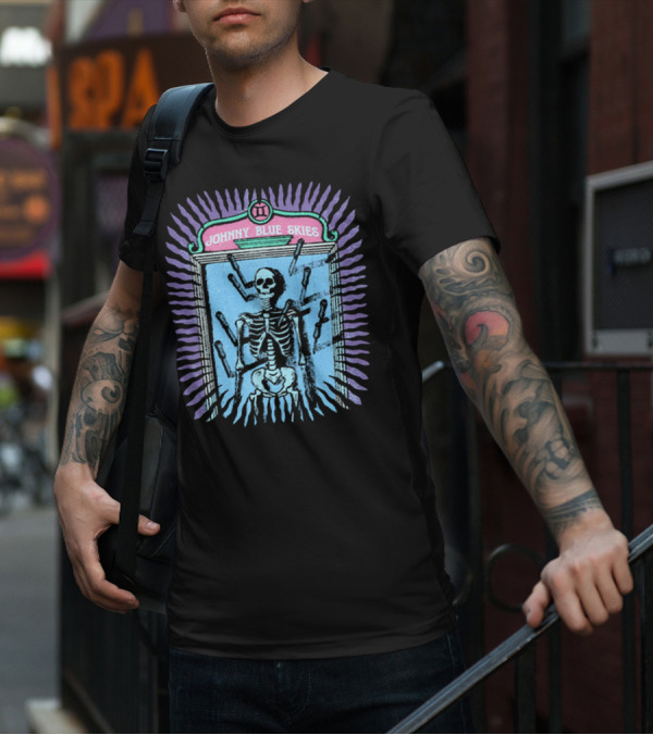Johnny Blue Skies Skeleton Framed With Knives And Purple Aura T-Shirt