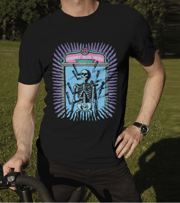 Johnny Blue Skies Skeleton Framed With Knives And Purple Aura T-Shirt