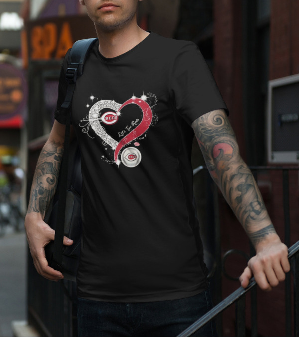 Cincinnati Reds Heart Emblem Let's Go Reds Sparkling T-Shirt