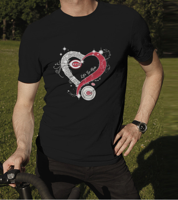 Cincinnati Reds Heart Emblem Let's Go Reds Sparkling T-Shirt