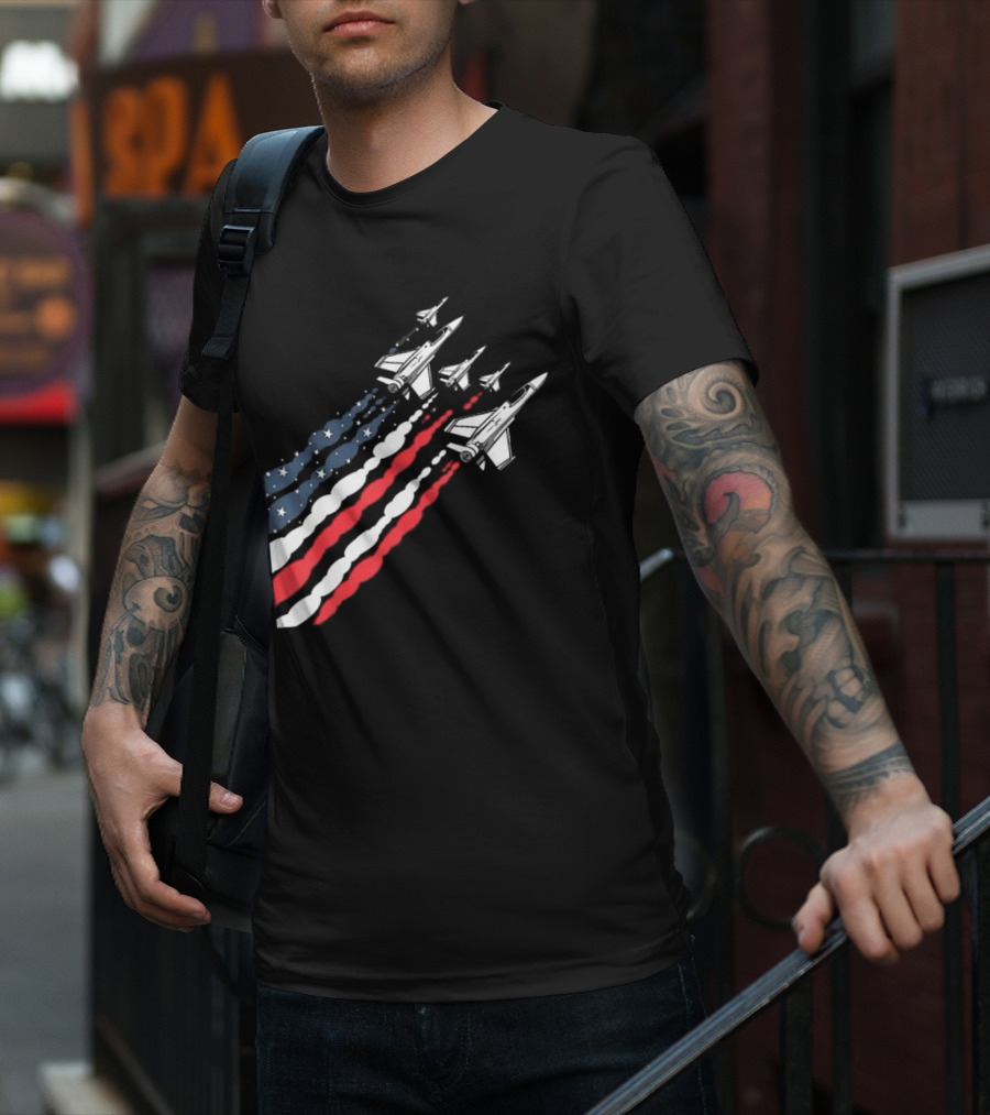Vintage Patriotic Fighter Jet Airplane With American Flag Trail T-Shirt