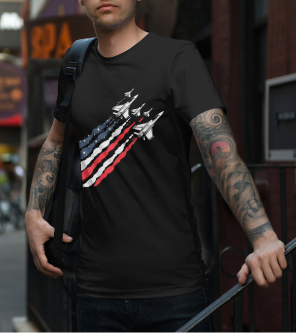 Vintage Patriotic Fighter Jet Airplane With American Flag Trail T-Shirt