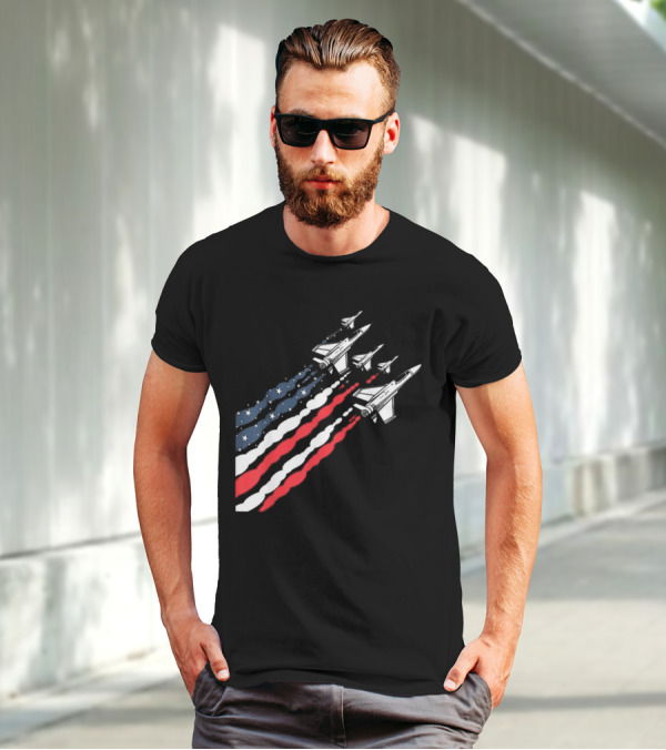 Vintage Patriotic Fighter Jet Airplane With American Flag Trail T-Shirt