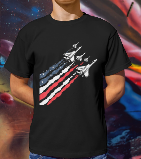 Vintage Patriotic Fighter Jet Airplane With American Flag Trail T-Shirt