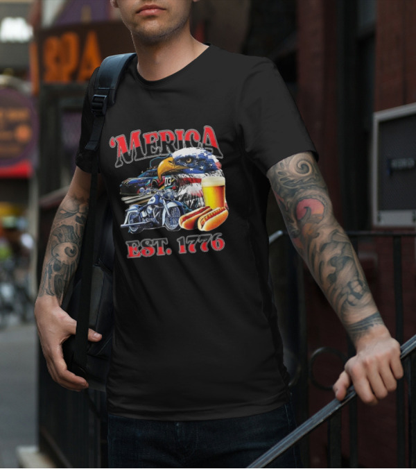 'Merica Bald Eagle Motorbike Beer Hotdogs Cars Est. 1776 T-Shirt