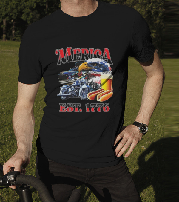 'Merica Bald Eagle Motorbike Beer Hotdogs Cars Est. 1776 T-Shirt