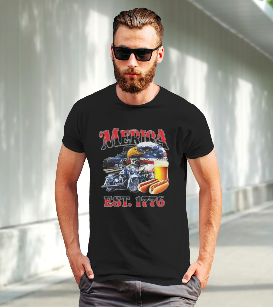 'Merica Bald Eagle Motorbike Beer Hotdogs Cars Est. 1776 T-Shirt