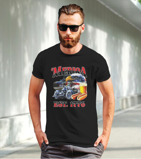'Merica Bald Eagle Motorbike Beer Hotdogs Cars Est. 1776 T-Shirt