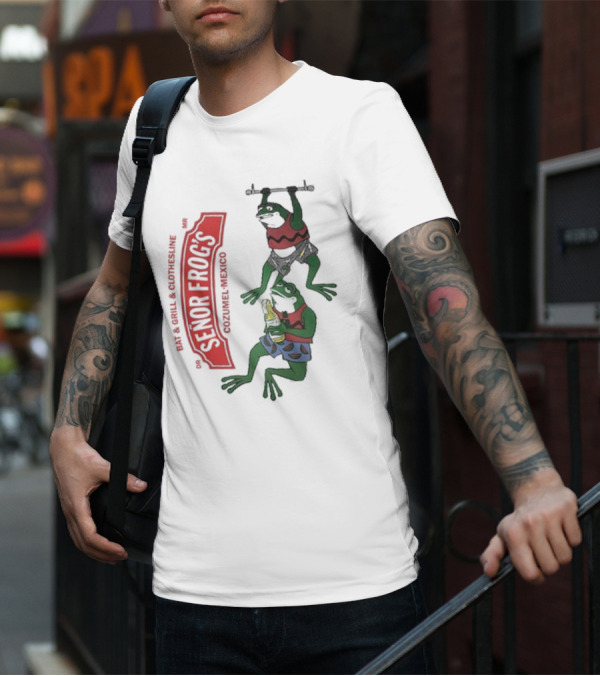 Senor Frog's Cozumel Mexico Bar And Grill Clothesline With Frogs In Striped Shirts And Shorts With Beer And Weights T-Shirt