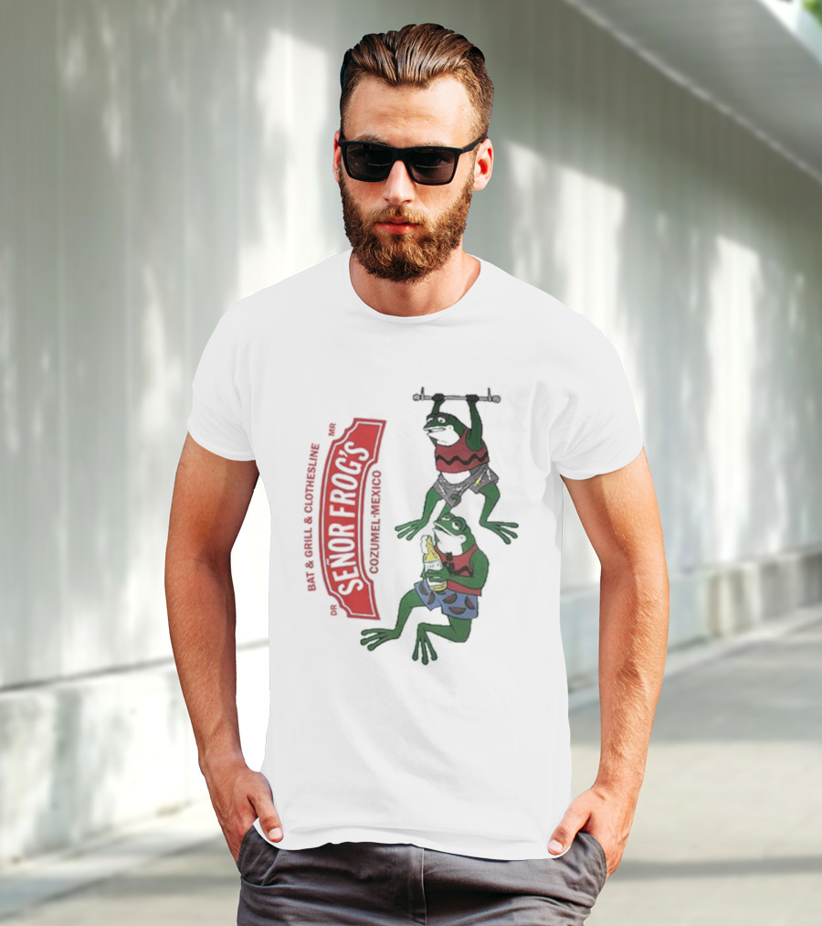 Senor Frog's Cozumel Mexico Bar And Grill Clothesline With Frogs In Striped Shirts And Shorts With Beer And Weights T-Shirt