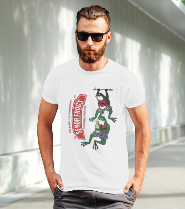 Senor Frog's Cozumel Mexico Bar And Grill Clothesline With Frogs In Striped Shirts And Shorts With Beer And Weights T-Shirt