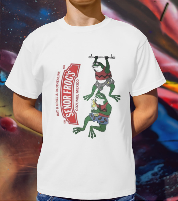 Senor Frog's Cozumel Mexico Bar And Grill Clothesline With Frogs In Striped Shirts And Shorts With Beer And Weights T-Shirt