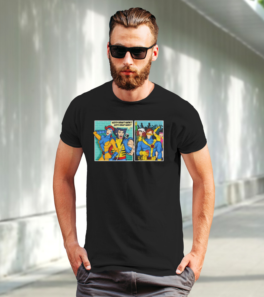 Jean Grey And Wolverine Comic Scotty Doesn’t Know Retro Cyclops Party Scene T-Shirt