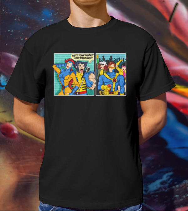 Jean Grey And Wolverine Comic Scotty Doesn’t Know Retro Cyclops Party Scene T-Shirt