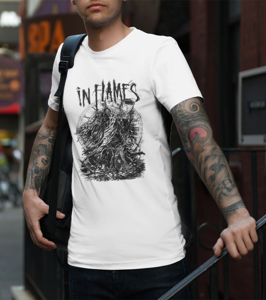 In Flames Cloaked Ghoul Dark Shrouded Figure With Clock Background T-Shirt