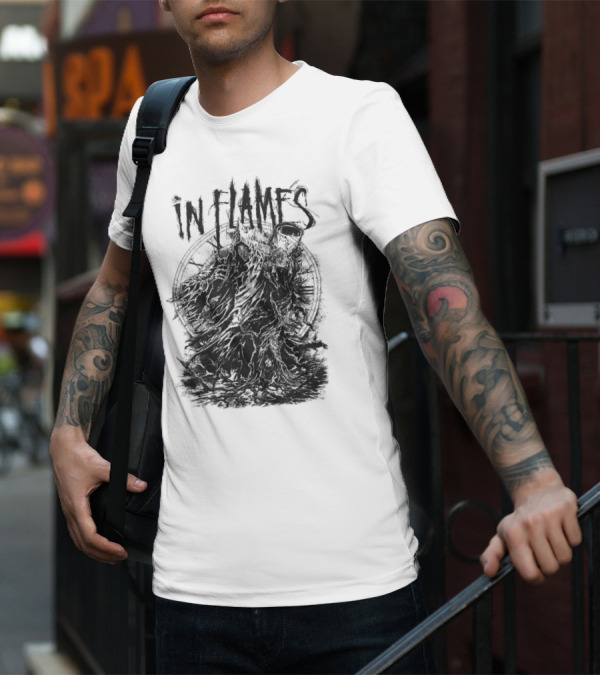 In Flames Cloaked Ghoul Dark Shrouded Figure With Clock Background T-Shirt