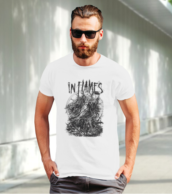 In Flames Cloaked Ghoul Dark Shrouded Figure With Clock Background T-Shirt