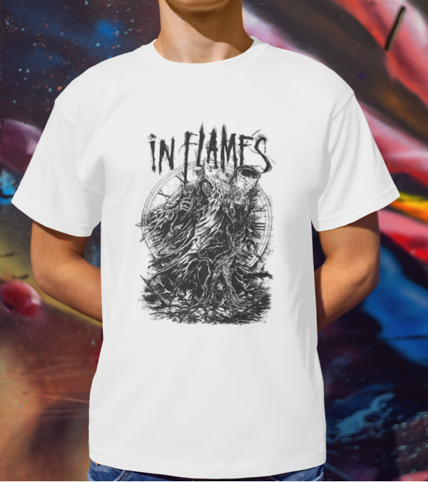 In Flames Cloaked Ghoul Dark Shrouded Figure With Clock Background T-Shirt