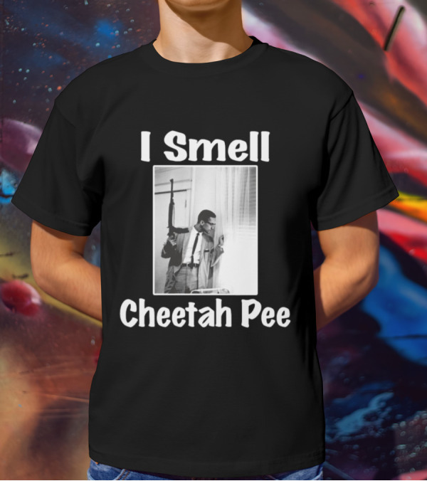 I Smell Cheetah Pee Man Holding Gun By Window T-Shirt