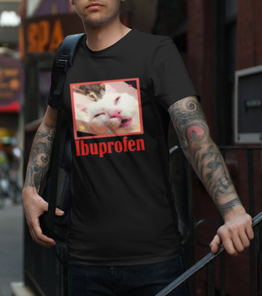 Ibuprofen Meme Cat With Distorted Face And Stars T-Shirt