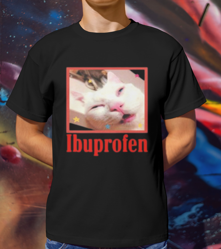Ibuprofen Meme Cat With Distorted Face And Stars T-Shirt