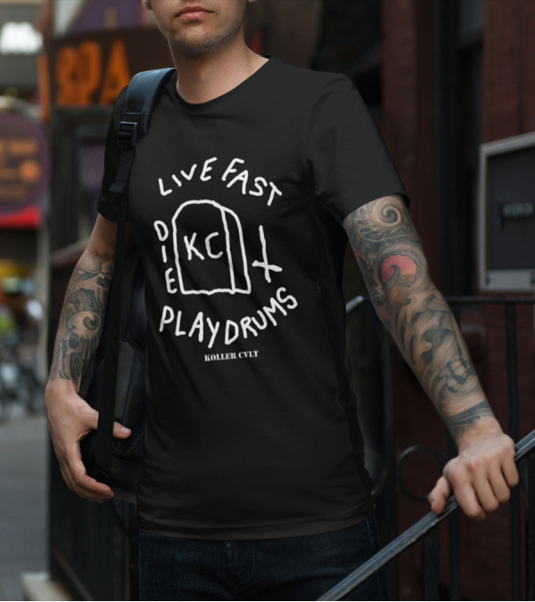 Koller Cvlt Live Fast Die Play Drums KC Tombstone Cross T-Shirt