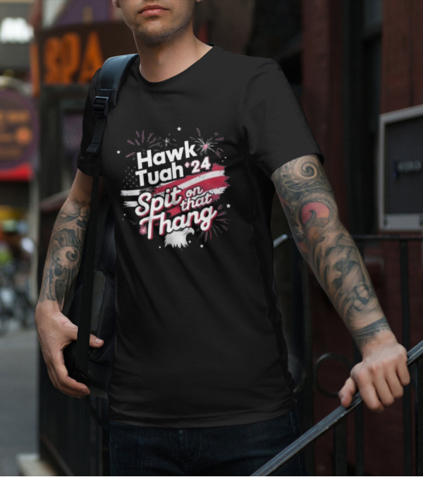 Hawk Tuah 24 Spit On That Thang American Flag Fireworks Eagle T-Shirt
