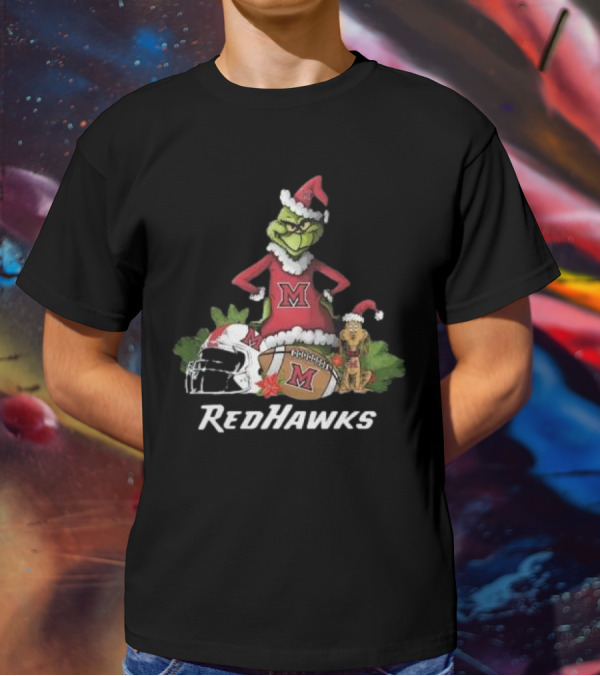 Grinch Santa And Dog With Miami RedHawks Rugby Helmet Merry Christmas T-Shirt