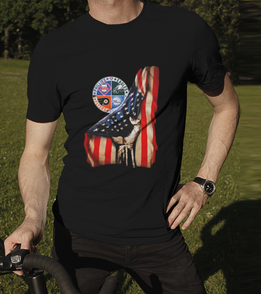 Philadelphia Phillies Eagles Flyers 76ers Hand Pulling American Flag T-Shirt