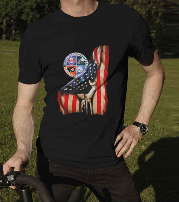 Philadelphia Phillies Eagles Flyers 76ers Hand Pulling American Flag T-Shirt