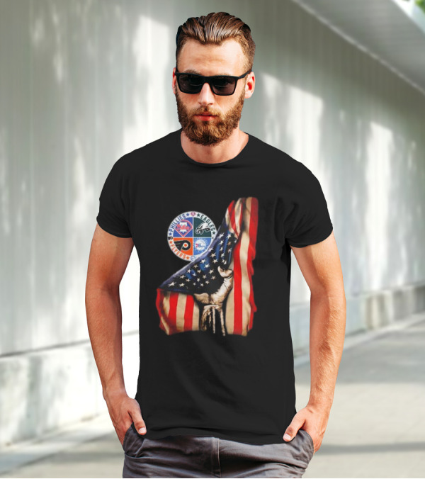 Philadelphia Phillies Eagles Flyers 76ers Hand Pulling American Flag T-Shirt