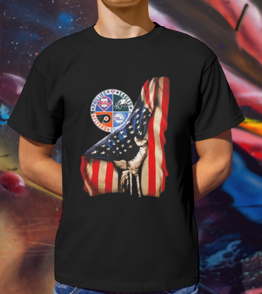 Philadelphia Phillies Eagles Flyers 76ers Hand Pulling American Flag T-Shirt