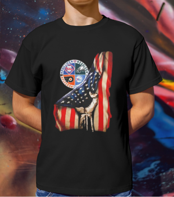 Philadelphia Phillies Eagles Flyers 76ers Hand Pulling American Flag T-Shirt