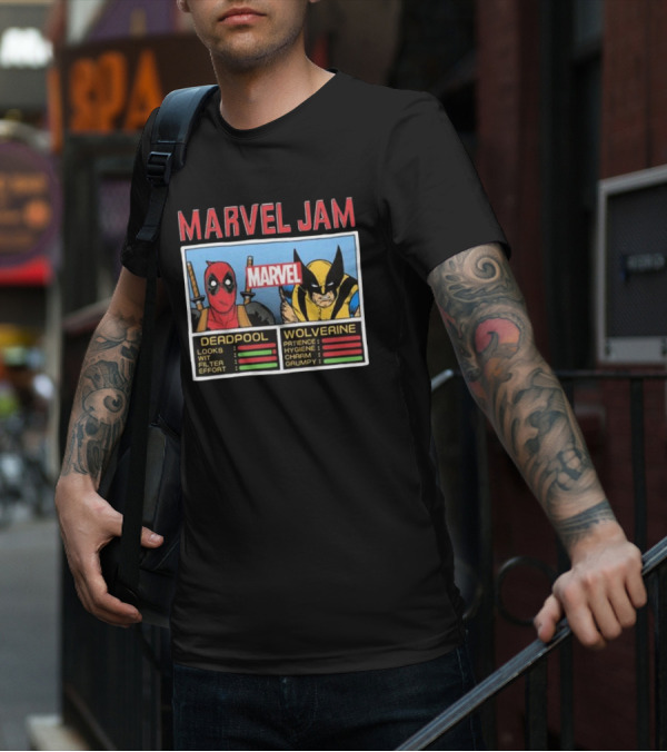 Deadpool Wolverine Marvel Jam Comic Character Stats T-Shirt