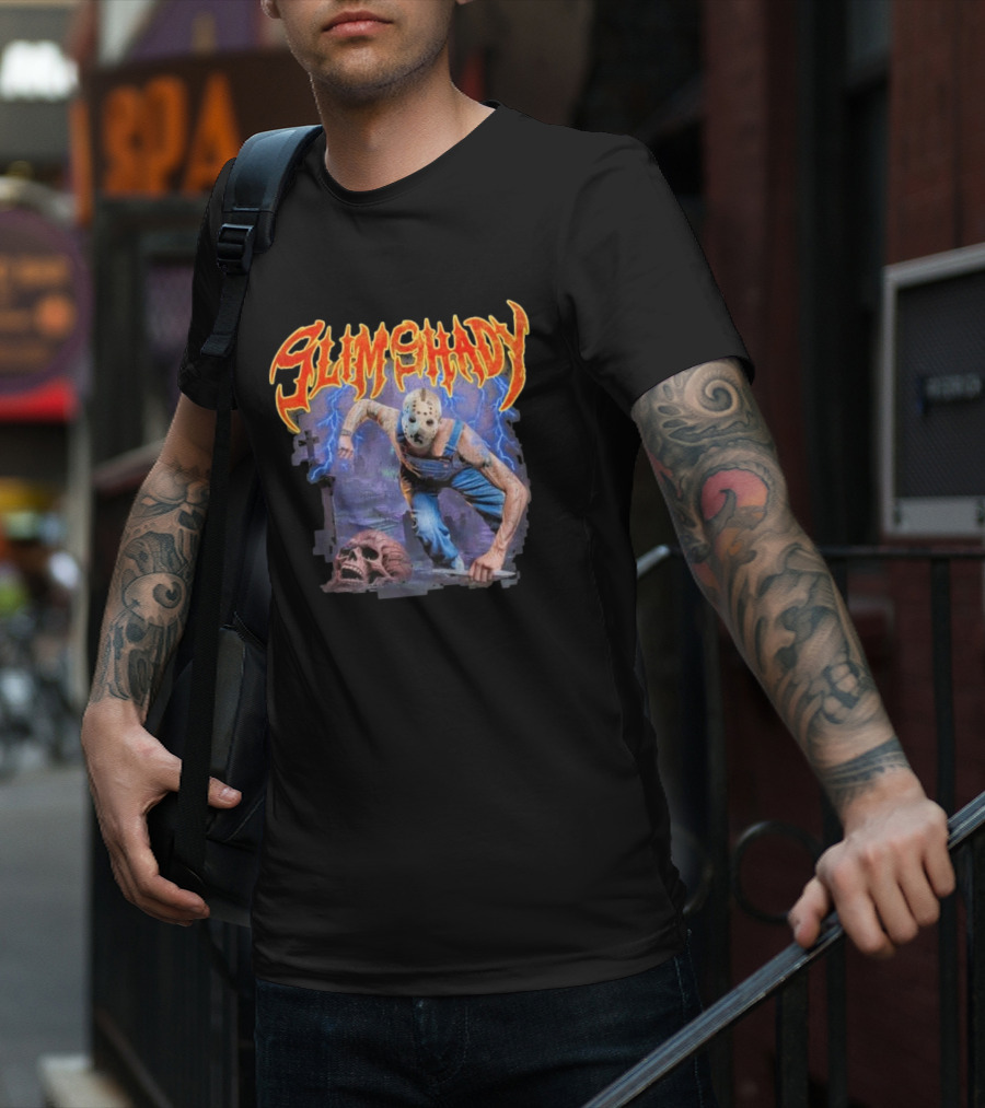 Slim Shady Jason Mask Horror Concept With Storm And Skull T-Shirt