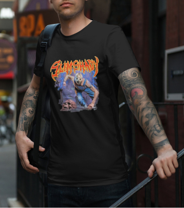 Slim Shady Jason Mask Horror Concept With Storm And Skull T-Shirt