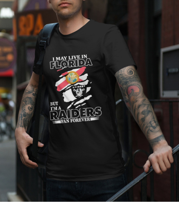 Las Vegas Raiders Fan Forever Living In Florida With Team Logo And State Flag T-Shirt