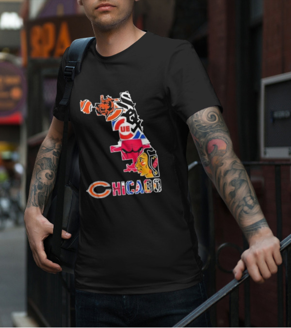 Chicago Bears Bulls Cubs White Sox Blackhawks Map T-Shirt