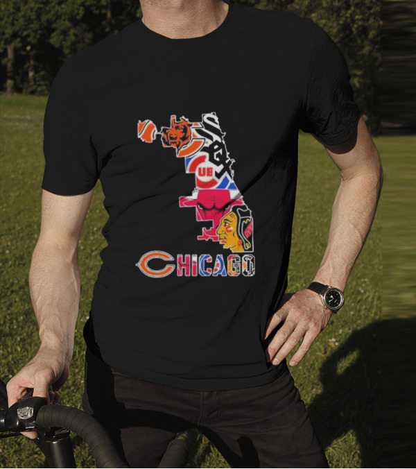 Chicago Bears Bulls Cubs White Sox Blackhawks Map T-Shirt