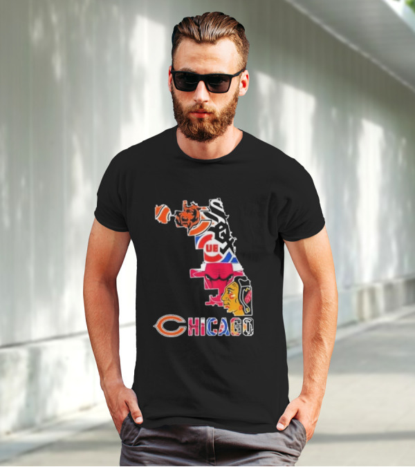 Chicago Bears Bulls Cubs White Sox Blackhawks Map T-Shirt
