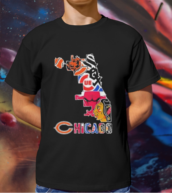 Chicago Bears Bulls Cubs White Sox Blackhawks Map T-Shirt