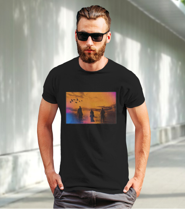 Sun Came Up Sofi Tukker Silhouettes Walking At Sunrise With Birds On Colorful Horizon T-Shirt