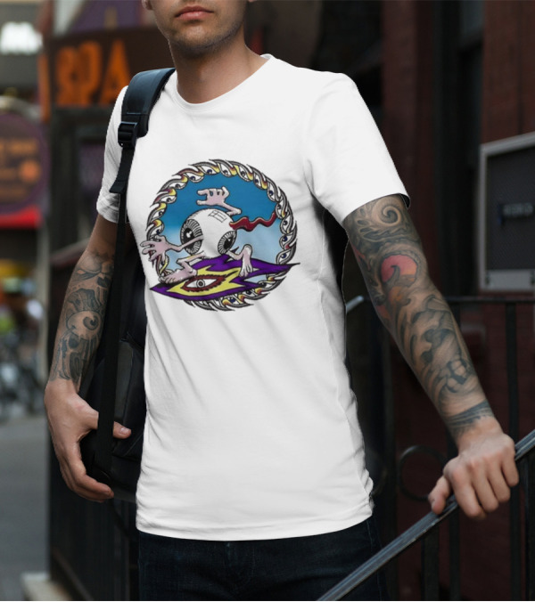 Spiral Eye Surfing Disc With Hands And Vibrant T-Shirt