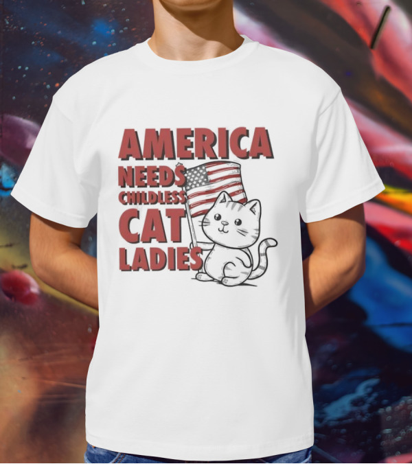 America Needs Childless Cat Ladies Cat With American Flag T-Shirt